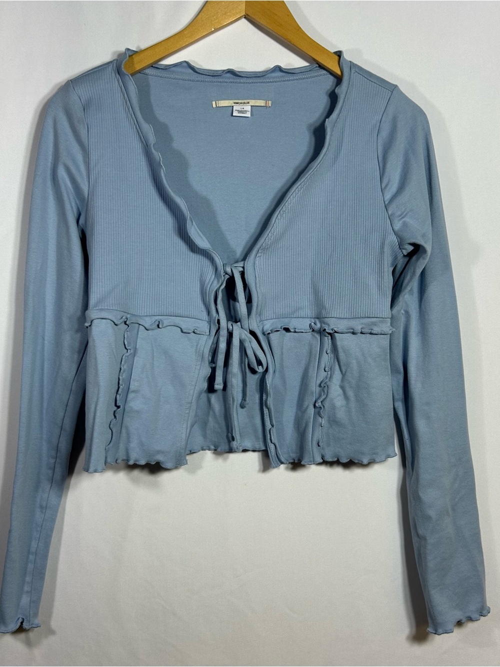 Kimchi Blue Large Light Blue Tie-Front Ribbed Long Sleeve Top Cardigan Crop